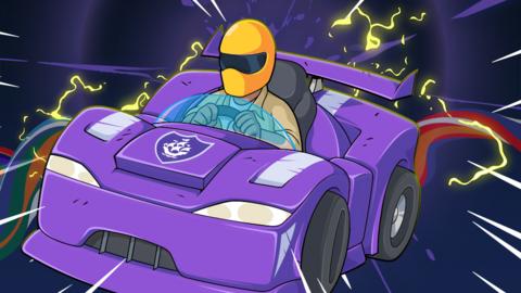 Purple racing car with a racing driver in it wearing an orange helmet.