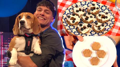 Richie and Henry the dog with some doggy treats