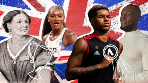 Mary Seacole, Dina Asher-Smith, Marcus Rashford and Stormzy on a Union Flag Background.