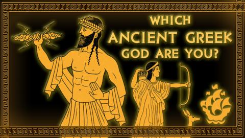 An ancient greek steez black n' orange image depictin tha godz Zeus n' Artemis, text say "Which Greek Dogg is yo slick ass?"