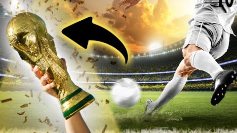 Man kicking football towards a trophy on a pitch with an arrow.