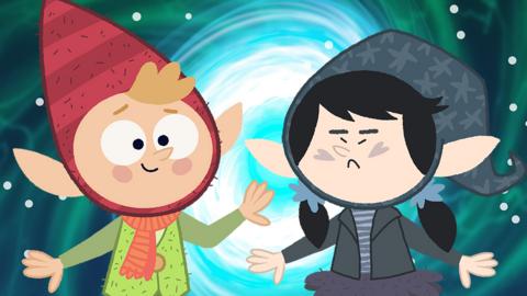 Cartoon game graphics of two elves. One elf is called Emmett. He is wearing a green elf outfit and a red elf hat. His sister Edna is wearing an all black elf outfit and elf hat.