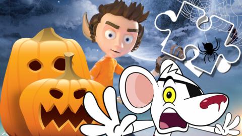 Two pumpkins, Danger Mouse looking scared and Luke wolfing out.