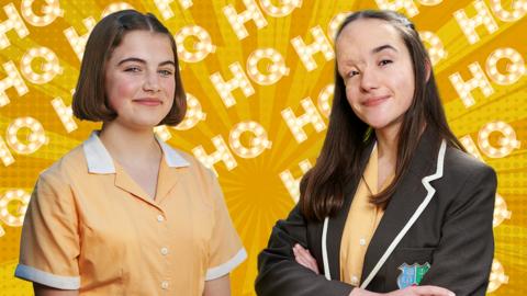 Ella and Beth stars from Mallory Towers on a C HQ Logo background