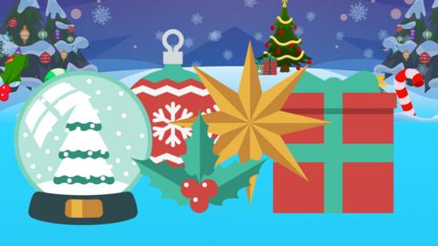 Illustration of snow glob, bauble, star and box present in that order left to right. on a snowy background.
