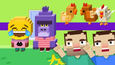 Characters from the Clonewards game, including an emoji face patient, a gorilla, several chickens and game characters of Doctor Chris and Doctor Xand.