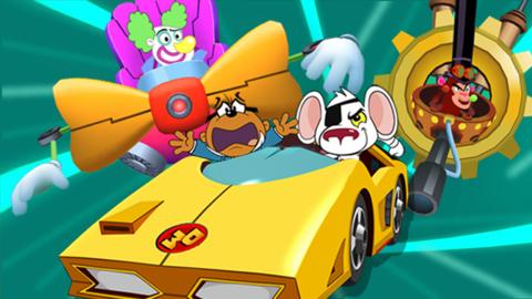 Danger Mouse and Penfold in the yellow Mark IV car being chased by clown villain Pom Pom, and monkey villain Isambard King Kong Brunel.