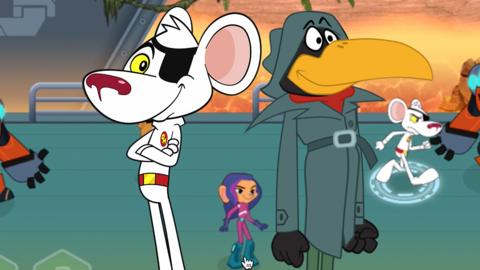 Danger Mouse, a white cartoon mouse standing next to Stiletto Mafiosa a black cartoon crow.