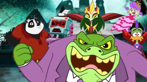 A green frog wearing a purple jacket snarls with characters behind him A panda in a red top looking confused, a robotic toilet looking angry, a Queen bug with wings and green hair, a flying poodle in a pink dress and a vampire duck wearing a cape. (Baron Von Greenback, Pandaminion, Dr Loocifer, Queen of Weevils, The Princess, and Count Duckula).