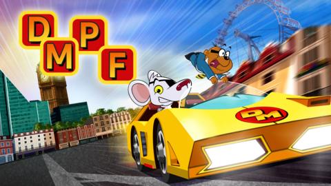 Danger Mouse and Penfold drive fast in their car through London.