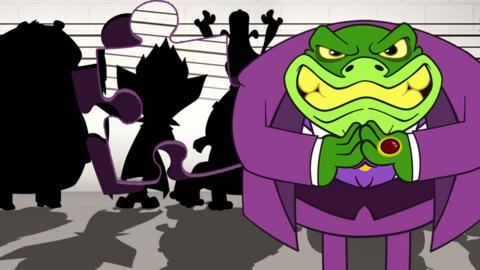 Baron von Greenback smiles in an evil way in front of a police line up of silhouetted Danger Mouse villains.