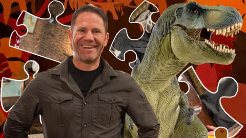 Steve Backshall and a T-Rex with a dinosaur graphic background and some jigsaw pieces.