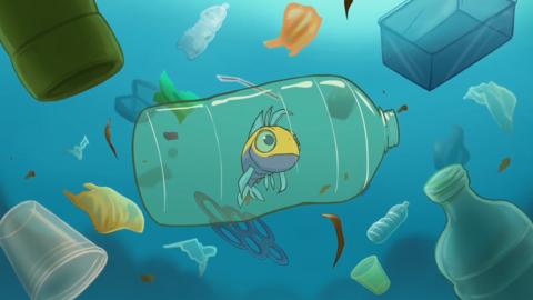 A cartoon fish trapped in a plastic bottle in an ocean littered with plastic. Jeffrey from The Deep.