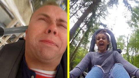 Two presenters on rollercoasters pulling silly faces.