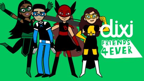 Four cartoon teenage superheroes standing next to each other.