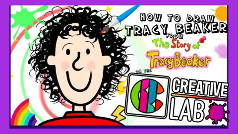 An illustration of a young girl with frizzy hair smiling to the camera. Next to her is the title: How to draw Tracy Beaker from The Story of Tracy Beaker on the Creative Lab