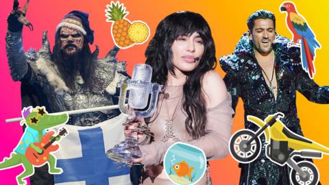 A mash-up image of Eurovision acts: Lordi, Loreen and Cezar, with cartoon images on a pineapple, a wolf's head, a parrot, a fish bowl, a motorbike and a crocodile playing a guitar