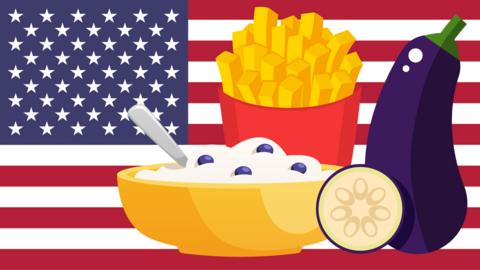 An illustrated bowl of porridge, box of fries and aubergine on an American flag background.