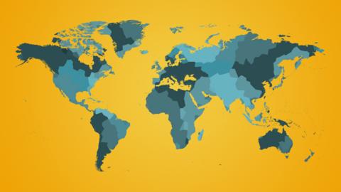 Green and yellow map of world.