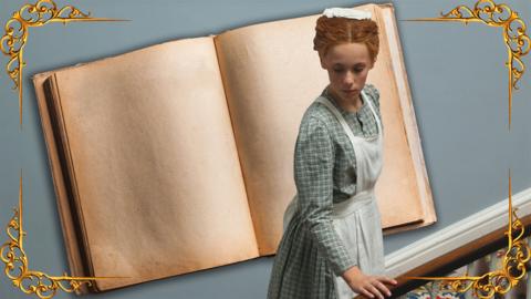 A red headed serving girl (Hetty) pauses on the stairs, looking contemplative, standing in front of a open diary.