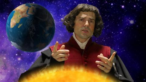 A man in space pointing at the Sun and the Earth.