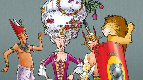 Cartoon drawings of an Egyptian wearing a red hat, a Georgian lady with huge white hair and wearing a big pink dress and a roman soldier with a red shield and a lion standing behind him.