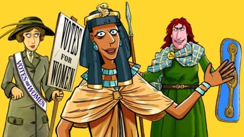 Illustrated versions of Cleopatra, Boudica and a Suffragette.