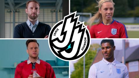 Jamie Johnson logo, surrounded by Gareth Southgate, Olly Murs, Marcus Rashford and The Lionesses