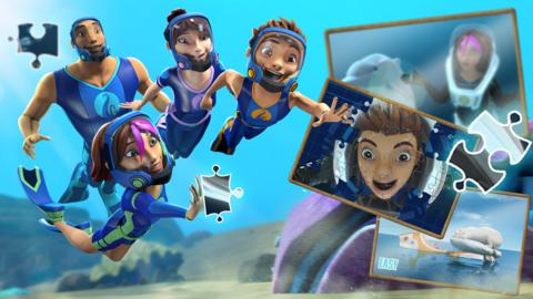 Characters from The Deep are swimming underwater and reaching for a handful of the jigsaw puzzle images featured in this game.