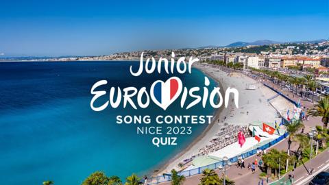 The sunny coastline of Nice, with the words "Junior Eurovision Song Contest Nice 2023 Quiz" in front