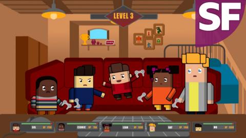 The video game version characters from Lagging play games together on a sofa, superfan quiz.