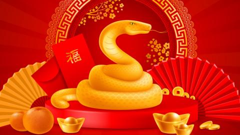 A golden snake on a red stage surrounded by golden dumplings and red fans