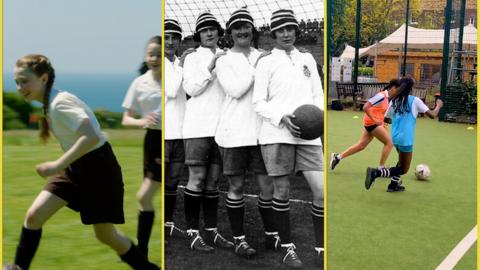 Players from Dick, Kerr Ladies F.C. in the 1920s and stars of Malory Towers today playing football