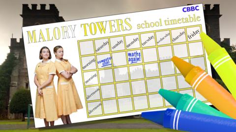 A Malory Towers school timetable, with spaces to write in lessons and activities through the week.