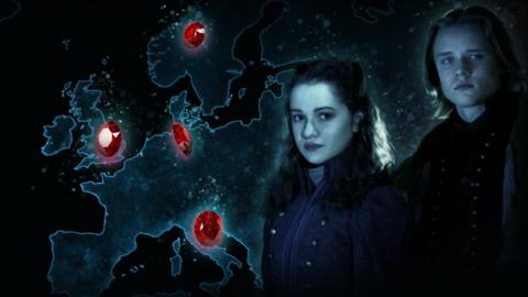 Alisa and Lars from Heirs of the Night stand against a map of Europe covered in falling rubies.