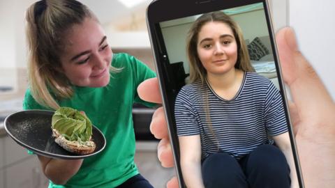 A blonde girl (Tilly) takes a phone of her avocado toast while she video calls you.