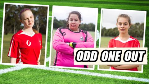 Image shows three girls in football kits; lara, liv and marnie from the series Mustangs FC. There is text that reads 'odd one out'.