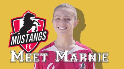 A photo of Marnie with 'meet Marnie' written on screen and the Mustangs FC logo.