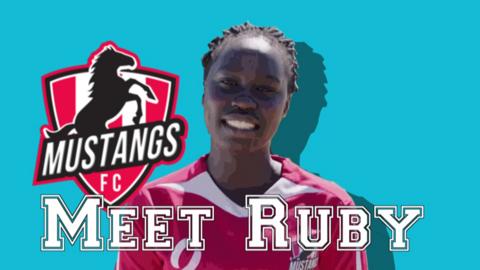 A photo of Ruby with the Mustangs FC logo and the words 'Meet Ruby' on screen.