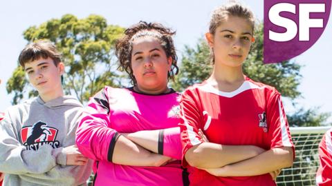 The Mustangs FC girls looking menacing with the Superfan Quiz logo