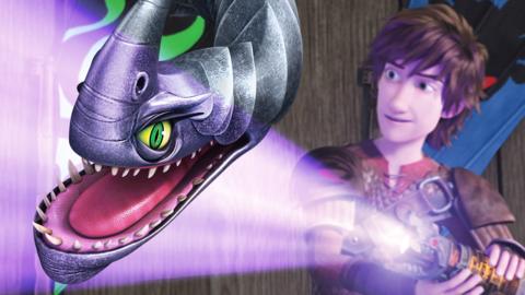 A Razorwhip dragon and Hiccup with the Dragon Eye.