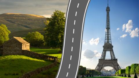 Split image of the Yorkshire countryside and the Eiffel Tower.