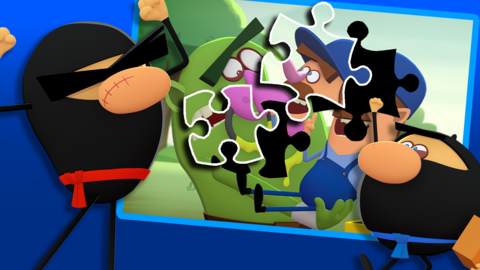 Two characters in ninja style black clothing are in front of a puzzle of an orc holding someone