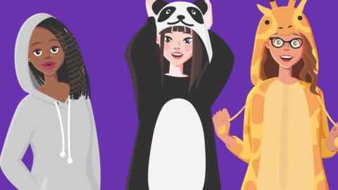 Cartoon image of three girls dressed in onesies, one is grey, one is a black and white panda and the last is a giraffe.