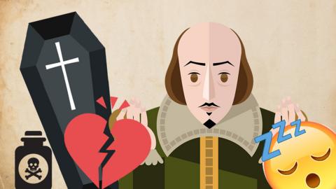 Illustration of Shakespeare surrounded by emojis.