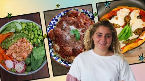 Salmon poke, meatballs and pizza omelette. Matilda Ramsay at the forefront.