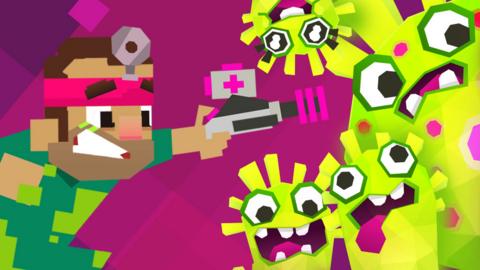 Cartoon version of Dr Xand. He is holding a snot blaster, aiming at green snotulons. These are cartoon green germs.