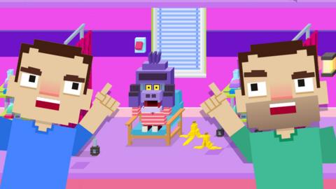 8-bit graphics of Dr Chris and Dr Xand wearing scrubs and pointing angrily at a purple gorilla who shouldn't be in the hospital.