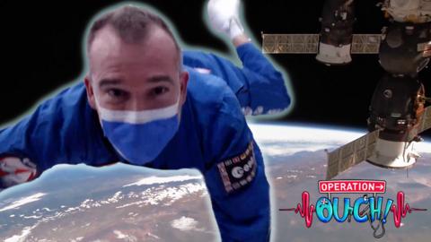 Doctor Chris from Operation Ouch floats in space with a mini-lab box in front of him.