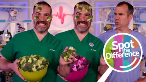 Spot the difference game, Doctor Xand holds a bowl of broccoli, some of it is on his face, there are two Xands and both have different brocollis.